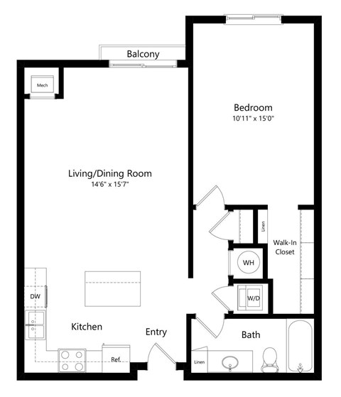 a 2D floorplan of the 1-bedroom Millard at The Conrad in Omaha, NE 68105